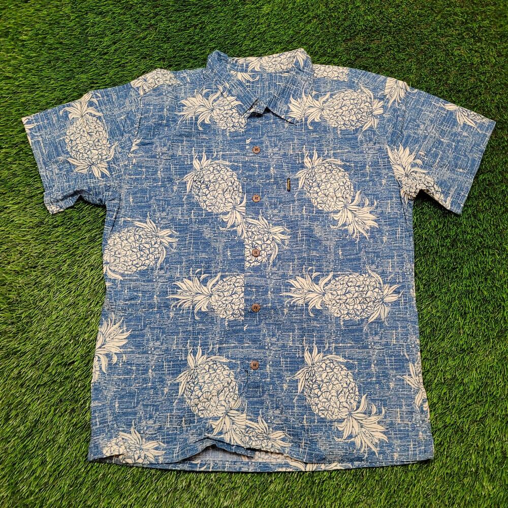 Palmwave Hawaiian Shirt Mens XL 24.5" Chest Pineapple Print Blue Coconut Buttons